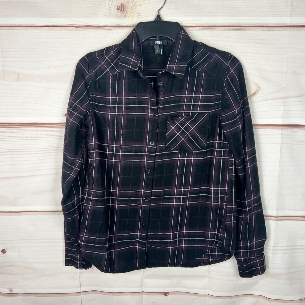 Paige Top‎ Womens XS Purple Black Plaid Shirt Button Up Flannel Cotton Pocket